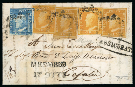 Stamp of Italian States » Sicily » 1/2 Grano, Plate I » Covers Sicily 1859 registered entire Messina to Cefalu with four 1/2Gr including a rare yellowish brown (giallo brunastro), and a 2Gr