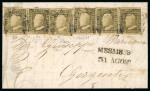 Stamp of Italian States » Sicily » 1 Grano, Plate I » Covers Sicily 1859 1 Gr. plate I, state II, olive brown (bruno olivastro), six examples (incl. position 89 with retouch) on entire from Mesaina to Girgenti