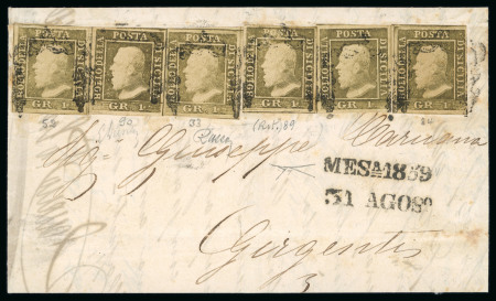 Stamp of Italian States » Sicily » 1 Grano, Plate I » Covers Sicily 1859 1 Gr. plate I, state II, olive brown (bruno olivastro), six examples (incl. position 89 with retouch) on entire from Mesaina to Girgenti