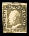 1859 1 Gr. Plate II, light olive-brown (bruno oliva chiaro), position 114, with good even margins. Fine used example.  Expertise: Signed "AD" and "ED".