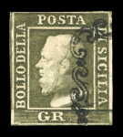 1859 1 Gr. Plate III, dark olive-green (verde oliva scuro), porous paper (PA), group of five used examples with good to fine margins. An attractive study group of this scarce plate and shade.
