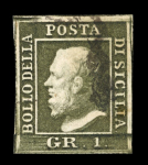 1859 1 Gr. Plate III, dark olive-green (verde oliva scuro), porous paper (PA), group of five used examples with good to fine margins. An attractive study group of this scarce plate and shade.
