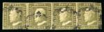 1859 1 Gr. Plate III, light olive-green (verde oliva chiaro), horizontal strip of four, positions 35–38, with good to fine margins. Showing the characteristic small retouches around the Adam’s apple. Fine used multiple. 