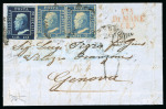 Stamp of Italian States » Sicily » 2 Grana, Plate I » Retouches Sicily 1859 2Gr. plate I, cobalt (cobalto), horizontal pair, position 84-85, the left-hand stamp showing position 84 retouch, together with 10Gr., on 1859 (26 Feb) part entire to Genova, Palermo despatch cds, rating hand