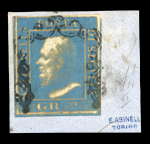1859 2 Gr. Plate II, bright ultramarine (azzurro oltremare vivo), position 42, oily print, with four good margins, used on fragment.  A scarce and highly attractive example of this distinctive oily printing, displaying e