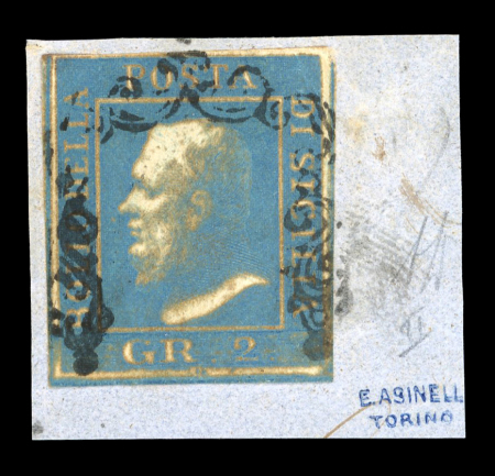 1859 2 Gr. Plate II, bright ultramarine (azzurro oltremare vivo), position 42, oily print, with four good margins, used on fragment.  A scarce and highly attractive example of this distinctive oily printing, displaying e