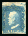 1859 2 Gr. Plate II, non-porous paper (NA), dull blue (azzurro smorto), position 2, oily print, top sheet marginal example with four margins. Fine used example.   A scarce and attractive example of this distinctive oily 