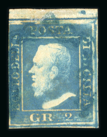 1859 2 Gr. Plate II, non-porous paper (NA), dull blue (azzurro smorto), position 2, oily print, top sheet marginal example with four margins. Fine used example.   A scarce and attractive example of this distinctive oily 