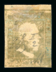 1859 2 Gr. Plate II, non-porous paper (NA), dull blue (azzurro smorto), position 2, oily print, top sheet marginal example with four margins. Fine used example.   A scarce and attractive example of this distinctive oily 