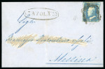 1859 2 Gr. Plate II, cobalt-blue (cobalto), with four margins, on cover to Messina. Oval-framed AVOLA despatch handstamp at left. Addressee's name erased.   A fine and attractive single-franking cover, showing clear post