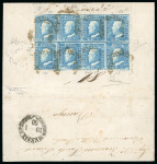 Stamp of Italian States » Sicily » 2 Grana, Plate II » Covers Sicily 1859 2 Gr. plate II, light blue (azzurro chiaro), two horizontal strips of four (position 57 showing retouch) on a large part entire from Messina