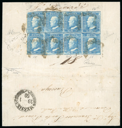 Stamp of Italian States » Sicily » 2 Grana, Plate II » Covers Sicily 1859 2 Gr. plate II, light blue (azzurro chiaro), two horizontal strips of four (position 57 showing retouch) on a large part entire from Messina