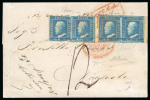 Stamp of Italian States » Sicily » 2 Grana, Plate I » Covers Sicily 1859 2 Gr. plate I, cobalt (cobalto), two horizontal right marginal pairs, positions 99-100 and 89-90, on 1859 cover from Messina to Napoli, cancelled only by red framed 'Pacchetto a vapori Sicilia/ fuori valigia'