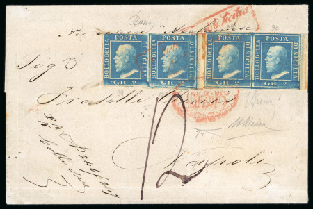 Stamp of Italian States » Sicily » 2 Grana, Plate I » Covers Sicily 1859 2 Gr. plate I, cobalt (cobalto), two horizontal right marginal pairs, positions 99-100 and 89-90, on 1859 cover from Messina to Napoli, cancelled only by red framed 'Pacchetto a vapori Sicilia/ fuori valigia'