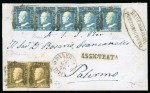 Stamp of Italian States » Sicily » 2 Grana, Plate III » Covers Sicily 1859 2Gr plate III azzurro verdastro strip of five and plate II bruno oliva pair registered cover from Barcellona
