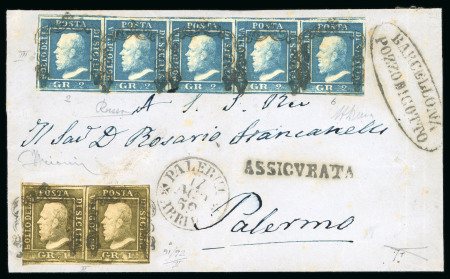 Stamp of Italian States » Sicily » 2 Grana, Plate III » Covers Sicily 1859 2Gr plate III azzurro verdastro strip of five and plate II bruno oliva pair registered cover from Barcellona