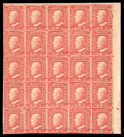 Stamp of Italian States » Sicily » 5 Grana, Plate I » Stamps Outstanding Mint Block of Twenty-Five    1859 5 Gr. plate I, carmine pink (rosa carminio), mint top right-hand corner sheet marginal block of 25 (5 x 5), positions 6-10 to 46-50, showing retouches in positions 9, 10, 19 