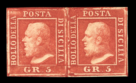 1859 5 Gr. Plate I, blood-red (rosso sangue), horizontal pair with good even margins. Fresh unused example with large part original brownish gum.  A scarce and attractive multiple of this desirable shade, well preserved 