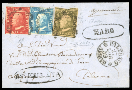 1859 5 Gr. Plate I, dark carmine (carminio scuro), 2 Gr. Plate I, blue (azzurro) on Palermo paper, and 1 Gr. Plate II, olive-grey (oliva grigiastro) on Naples paper, the latter showing position 59 retouch, on registered 