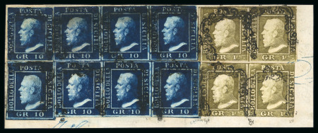 Stamp of Italian States » Sicily » 10 Grana » Stamps Sicily 1859 10Gr. dark blue (azzurro cupo), two singles and two horizontal strips of three, plus 1 Gr. light olive brown (bruno oliva chiaro), plate II, in two pairs, one of these pairs with touched margins, all tied on 