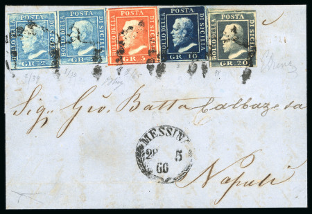 Stamp of Italian States » Sicily » 20 Grana » Covers 1860 (28.5) Folded letter sheet Messina to Napoli, franked 20Gr., 10Gr., 5Gr. and two 2Gr. each with frame cancel, Messina cds at base, arrival backstamp, 10Gr. with just touched margin at top, otherwise all are good to 