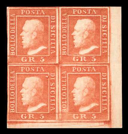 1859 5 Gr. Plate II, bright vermilion (vermiglio vivo), bottom right corner sheet marginal block of four showing position 90 with retouch (horizontal lines above the “G” of “GR”). Fresh unused multiple with large part or