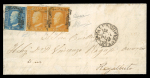 1859 ½ Gr. Plate II pair and single, together with a 2 Gr., on part entire dated 14 April from Palermo to Realbuto. The left side of the entire is missing and has been used to reinforce the reverse. Fine appearance and a