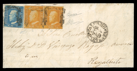 1859 ½ Gr. Plate II pair and single, together with a 2 Gr., on part entire dated 14 April from Palermo to Realbuto. The left side of the entire is missing and has been used to reinforce the reverse. Fine appearance and a