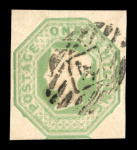 1847–54 1s Pale Green and 10d Brown, on piece. A fine and attractive piece, the stamps tied by complete “447” Leeds duplex cancellations. Also included are a further 10d Brown single and a 6d Dull Lilac, each a fine used
