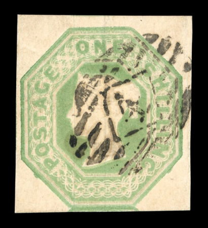 1847–54 1s Pale Green and 10d Brown, on piece. A fine and attractive piece, the stamps tied by complete “447” Leeds duplex cancellations. Also included are a further 10d Brown single and a 6d Dull Lilac, each a fine used