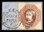 1847–54 1s Pale Green and 10d Brown, on piece. A fine and attractive piece, the stamps tied by complete “447” Leeds duplex cancellations. Also included are a further 10d Brown single and a 6d Dull Lilac, each a fine used
