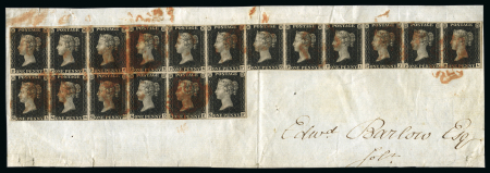 Stamp of Great Britain » 1840 1d Black and 1d Red plates 1a to 11 1840 1d black pl.6 in block of eighteen on large piece tied red MC cancels