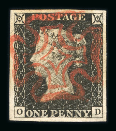 Stamp of Great Britain » 1840 1d Black and 1d Red plates 1a to 11 1840 1d black pl.2 OD with four good to large margins and centrally struck red MC