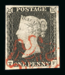 Stamp of Great Britain » 1840 1d Black and 1d Red plates 1a to 11 1840 1d black pl.2 TF with four margins and red MC, worn impression