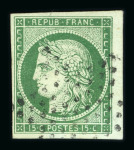 Stamp of France » Type Cérès de 1849-1850 1850, Cérès 15cts vert Y&T n° 2 oblitéré, très belle