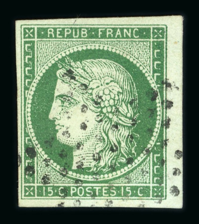 Stamp of France » Type Cérès de 1849-1850 1850, Cérès 15cts vert Y&T n° 2 oblitéré, très belle