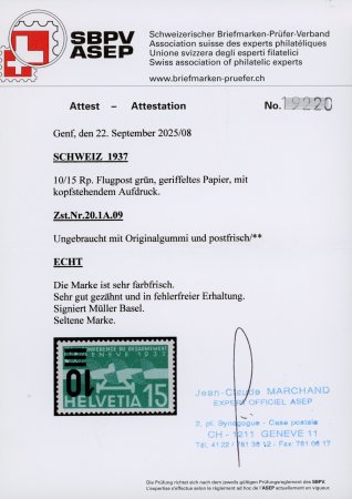 1937, 10 auf 15 Rp. grün, mit kopfstehendem Aufdruck