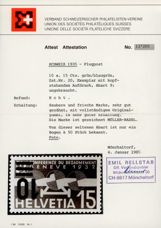 1937, 10 auf 15 Rp. grün, mit kopfstehendem Aufdruck