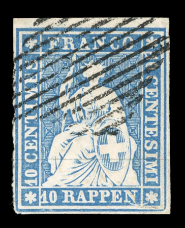 Stamp of Switzerland / Schweiz » Sitzende Helvetia Ungezähnt » 1854-55 Berner Druck (I) 1855, 10 Rp. blau, 1. Berner Druckperiode