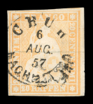 Stamp of Switzerland / Schweiz » Sitzende Helvetia Ungezähnt » 1854-55 Berner Druck (I) 1857, 20 Rp. orange, 1. Berner Druckperiode