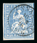 Stamp of Switzerland / Schweiz » Sitzende Helvetia Ungezähnt » 1856-57 Berner Druck (III) 1858, 10 Rp. blau, 3. Berner Druckperiode