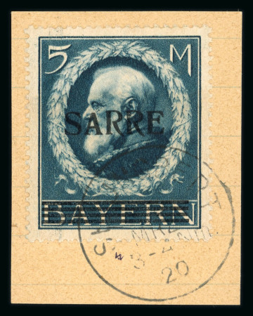 Stamp of Colonies françaises » Sarre 1920, 5M bleu YT n° 30a variété petit A oblitéré sur