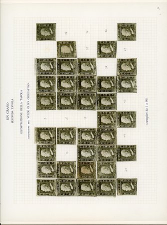 Part Reconstruction of the 1 Grana unused Plate Two  1 Gr. greyish olive green (verde oliva grigiastro) plate II unused partial reconstruction, with 22 positions missing. Mint stamps with original gum and a few unused wi