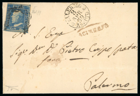 Stamp of Italian States » Sicily » Cancellations (ordered by towns alphabetically) ACIREALE: 1859 (8.4) Folded letter sheet to Palermo, franked 2 Gr. plate I, NA paper (Sass. 6f), position 79, showing oval ACIREACE in grey-black alongside (Ocf - P.12), very fine and scarce.