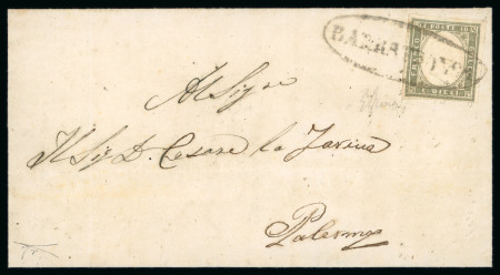 Stamp of Italian States » Sicily » Cancellations (ordered by towns alphabetically) BARRAFRANCA: 1861 (6.7) Folded letter sheet to Palermo, franked Sardinia 10c light olive green (Sass. 14Caa), tied by oval BARRAFRANCA in grey-black (Ocf - P.13), very fine and scarce, paying the Sicilian domestic rate. 