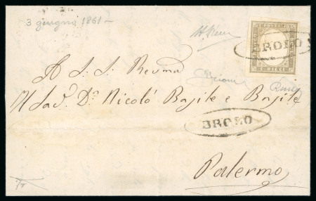 Stamp of Italian States » Sicily » Cancellations (ordered by towns alphabetically) BROLO: 1861 (3.6) Folded letter sheet to Palermo, franked Sardinia 10c light bistre-brown (Sass. 14Cc), tied by oval BROLO in grey-black (Ocf - P.R1), with similar alongside, very fine and scarce, paying the Sicilian dom