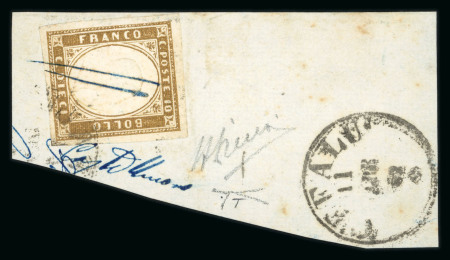 Stamp of Italian States » Sicily » Cancellations (ordered by towns alphabetically) CASTELBUOVO: Sardinia 10c olive bistre (Sass. 14D) on fragment partly tied by manuscript "Castelbuovo" with Cefalu cds alongside, dated 11 of April 1862, unusual and very rare.