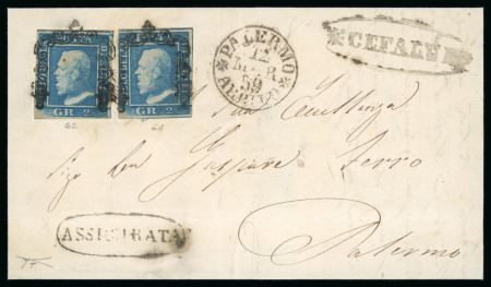 Stamp of Italian States » Sicily » Cancellations (ordered by towns alphabetically) CEFALU: 1859 (12.3) Folded registered letter sheet to Palermo, franked 2 Gr. plate I, NA paper (Sass. 6a), position 62 and 64, with fancy oval CEFALU in grey-black (Ocf - P.12) with oval ASSIURATA in black alongside, ve