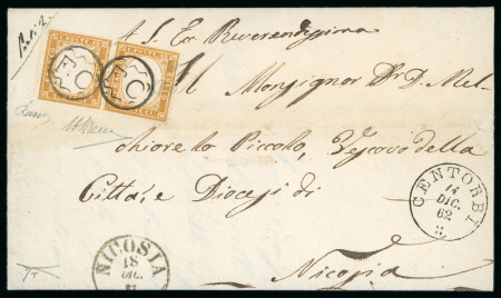 Stamp of Italian States » Sicily » Cancellations (ordered by towns alphabetically) CENTORBI: 1862 Folded entire to Nicosia, franked Italy 1862 10c, neatly canceled by two strike of the superb circular fancy "F.C.", with CENTORBI/14.DIC.62 cds alongside, plus arrival, a very fine and attrative usage of 