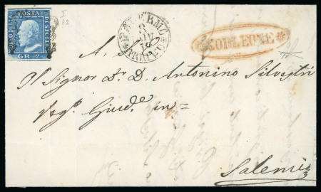 Stamp of Italian States » Sicily » Cancellations (ordered by towns alphabetically) CORLEONE: 1859 (8.11) Folded letter sheet to Salemio, franked 2 Gr. plate I, PA paper (Sass. 6), position 762, showing fancy red oval * CORLEONE * alongside (Ocf, red - P.10), very fine and scarce.